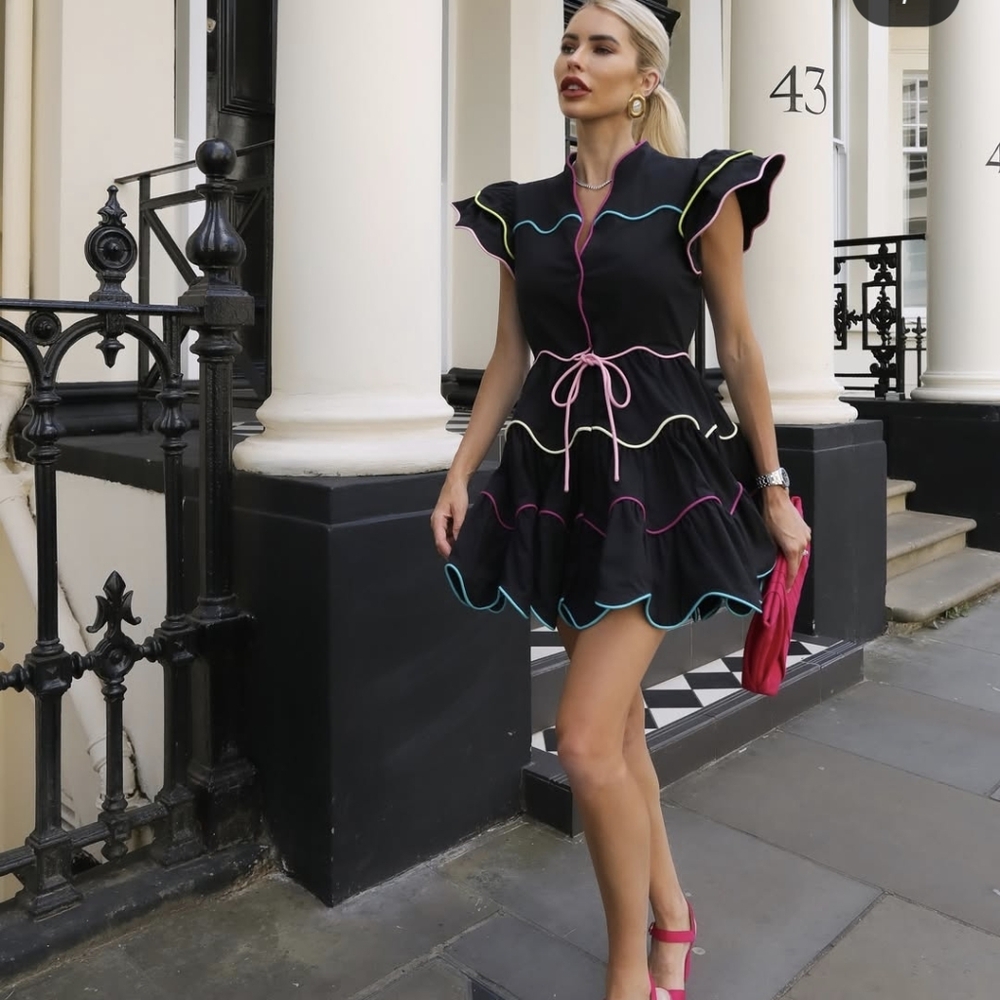 CeliaB Black Ruffle Dress with Colorful Trim NWT Sz M